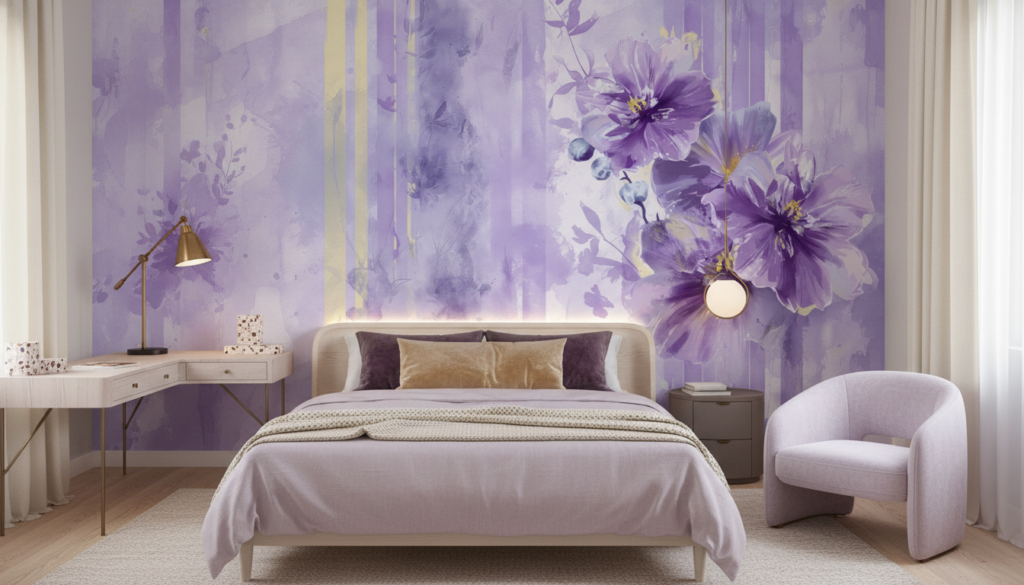 Papier peint aquarelle fleurs violettes délicates style romantique - Chambre ado