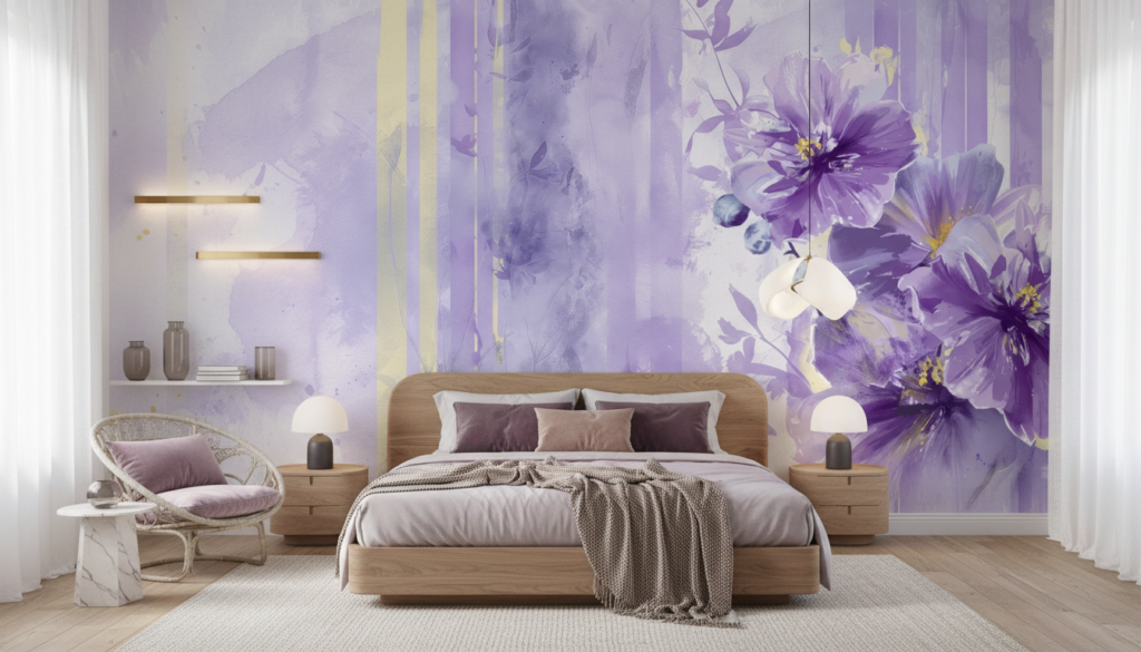 Papier peint aquarelle fleurs violettes délicates style romantique - Chambre adulte