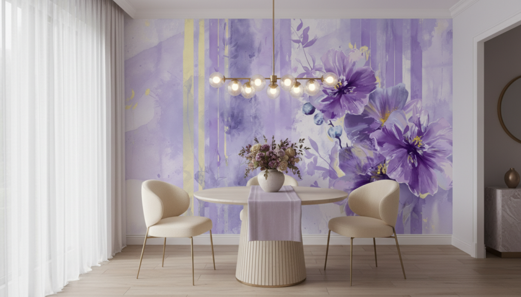 Papier peint aquarelle fleurs violettes délicates style romantique - Salle à manger