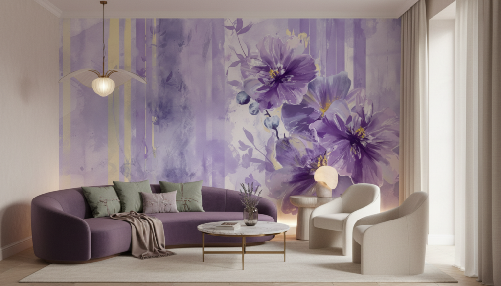 Papier peint aquarelle fleurs violettes délicates style romantique - Salon / Séjour