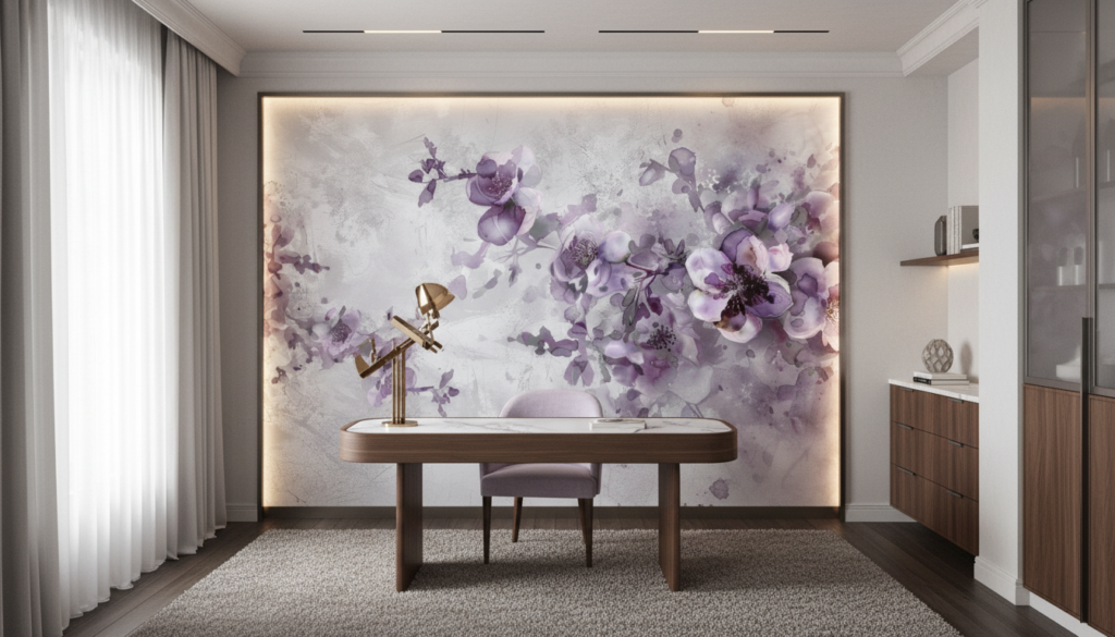 Papier peint aquarelle floral violet aux tons poudrés romantiques - Bureau