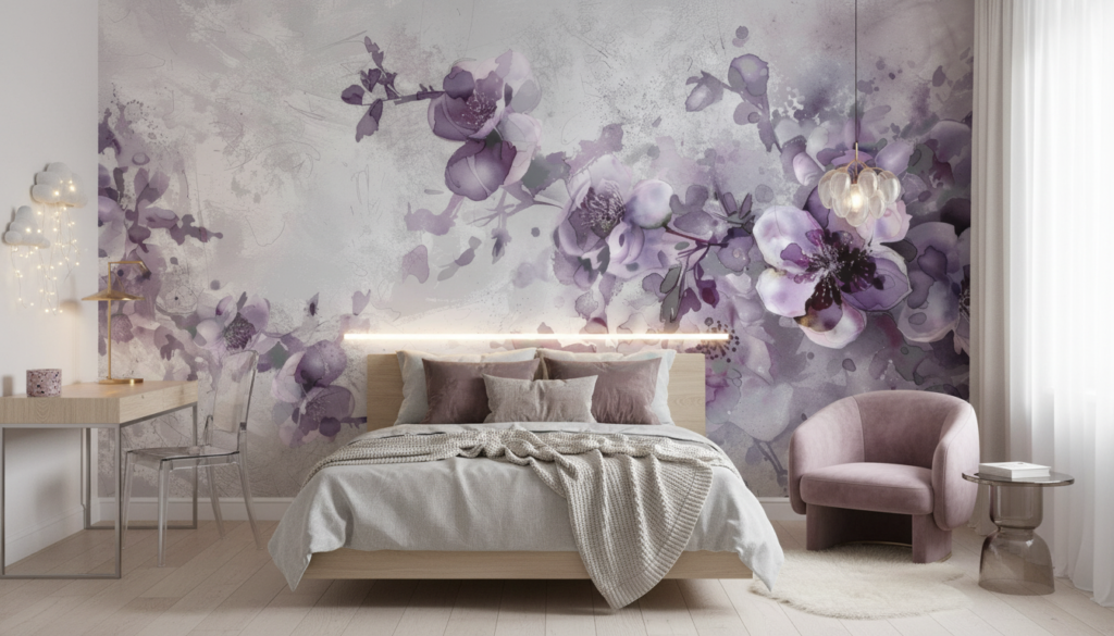 Papier peint aquarelle floral violet aux tons poudrés romantiques - Chambre ado