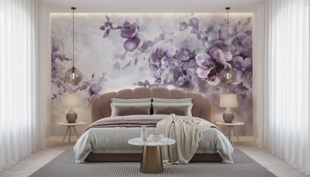 Papier peint aquarelle floral violet aux tons poudrés romantiques - Chambre adulte