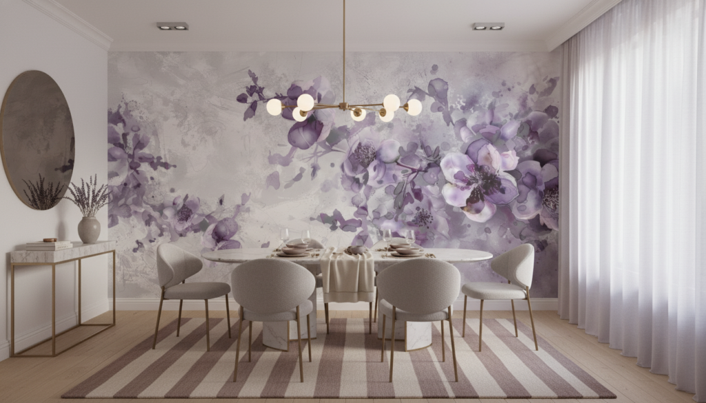 Papier peint aquarelle floral violet aux tons poudrés romantiques - Salle à manger