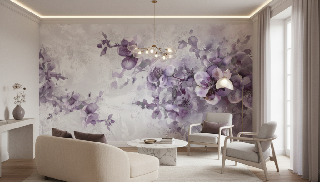 Papier peint aquarelle floral violet aux tons poudrés romantiques - Salon / Séjour