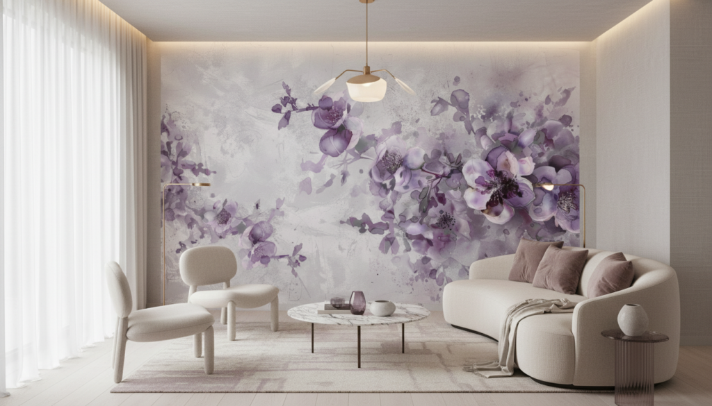 Papier peint aquarelle floral violet aux tons poudrés romantiques - Salon / Séjour