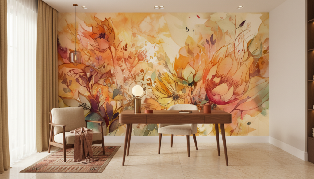 Papier peint aquarelle florale aux tons dorés automnaux - Bureau