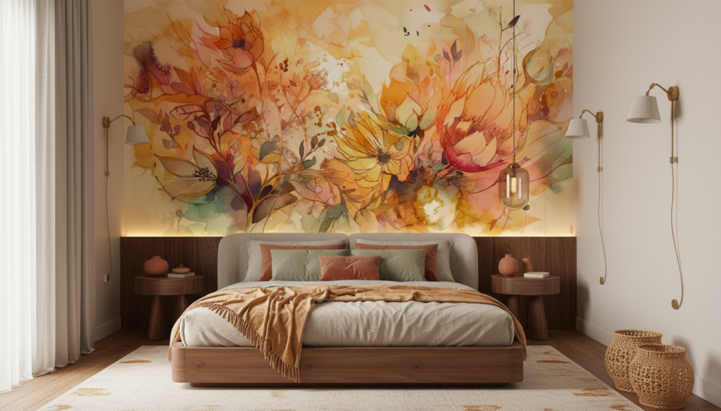 Papier peint aquarelle florale aux tons dorés automnaux - Chambre adulte