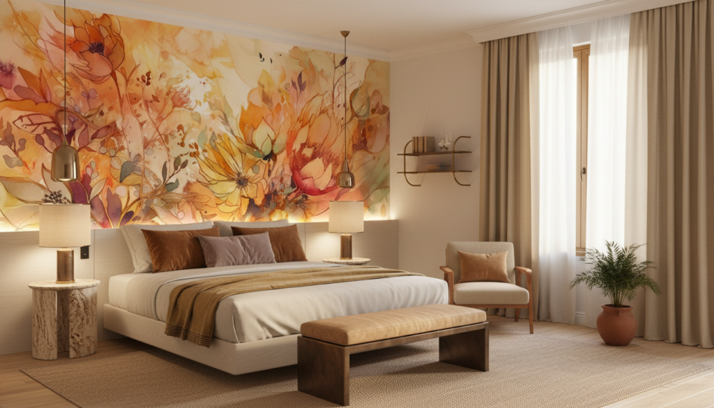 Papier peint aquarelle florale aux tons dorés automnaux - Hôtel