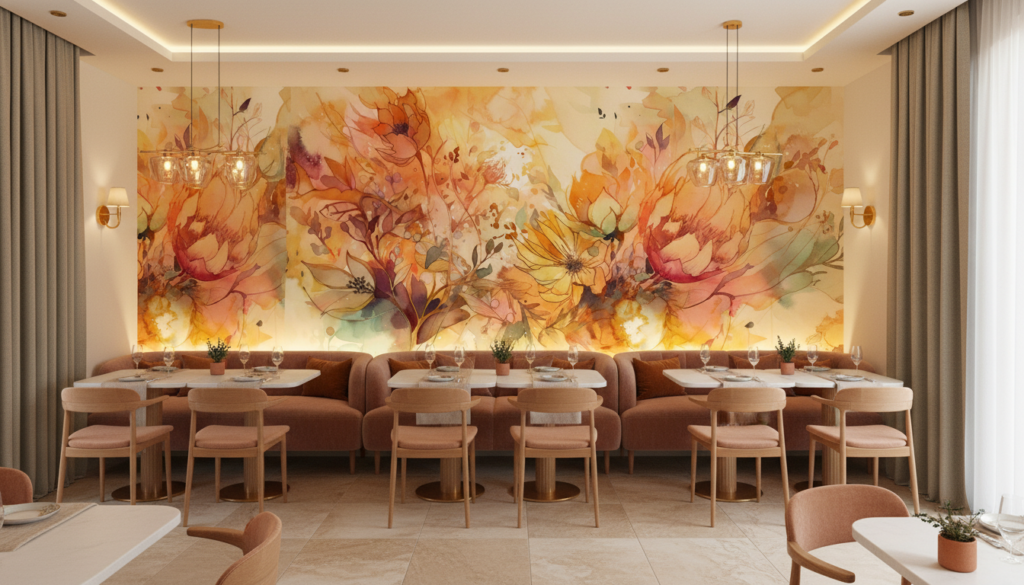 Papier peint aquarelle florale aux tons dorés automnaux - Restaurant