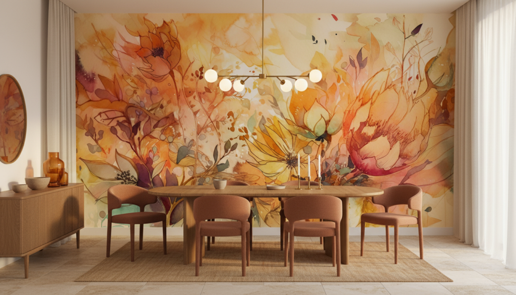 Papier peint aquarelle florale aux tons dorés automnaux - Salle à manger