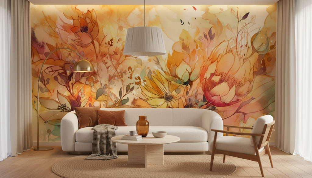 Papier peint aquarelle florale aux tons dorés automnaux - Salon / Séjour