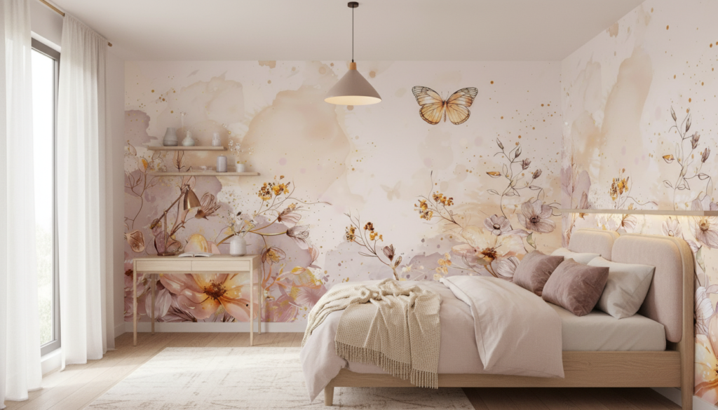 Papier peint aquarelle florale avec papillon doré et touches romantiques - Chambre ado