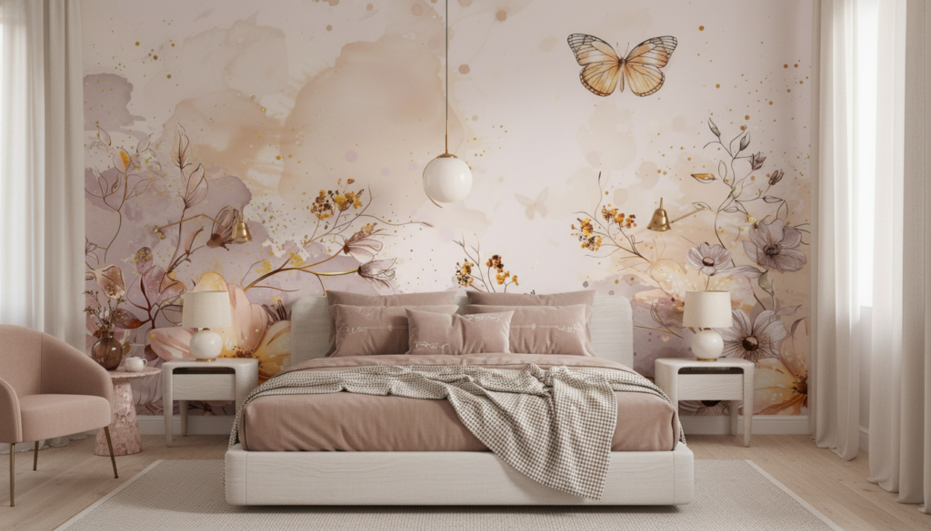 Papier peint aquarelle florale avec papillon doré et touches romantiques - Chambre adulte