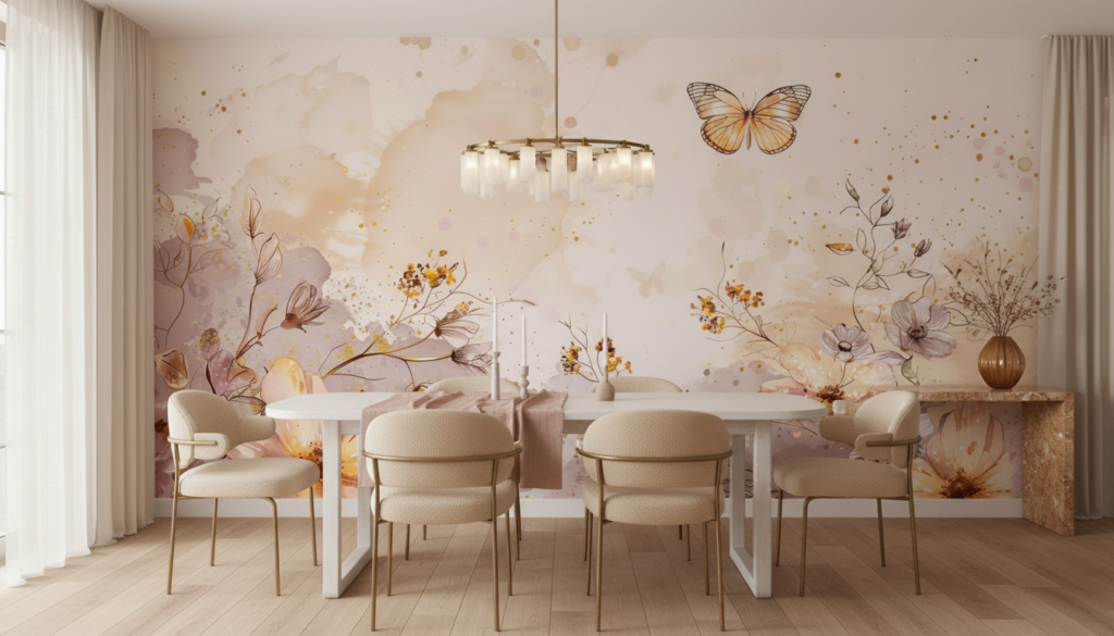 Papier peint aquarelle florale avec papillon doré et touches romantiques - Salle à manger