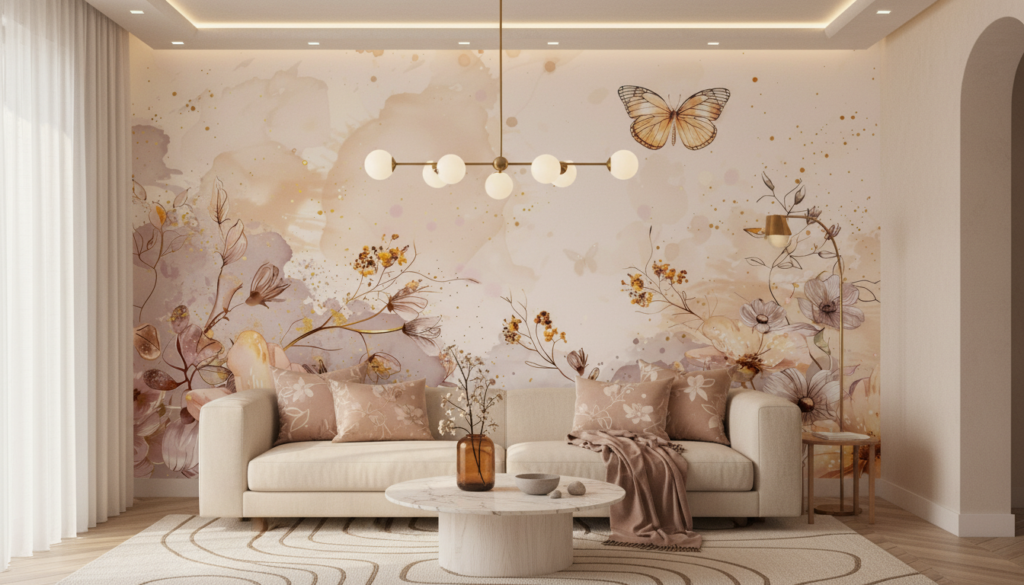 Papier peint aquarelle florale avec papillon doré et touches romantiques - Salon / Séjour