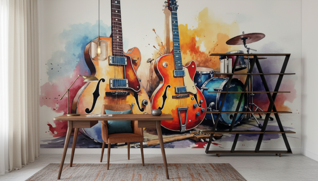 Papier peint aquarelle instruments de musique guitares et batterie - Bureau