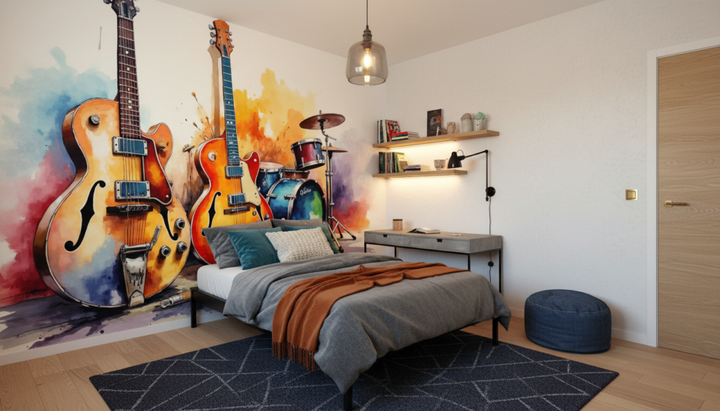 Papier peint aquarelle instruments de musique guitares et batterie - Chambre ado