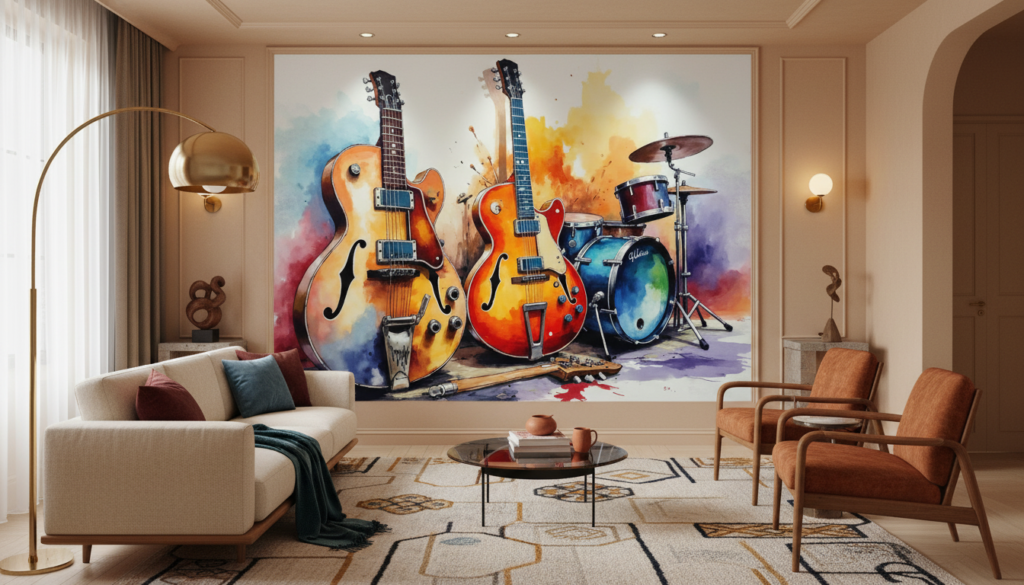 Papier peint aquarelle instruments de musique guitares et batterie - Salon / Séjour