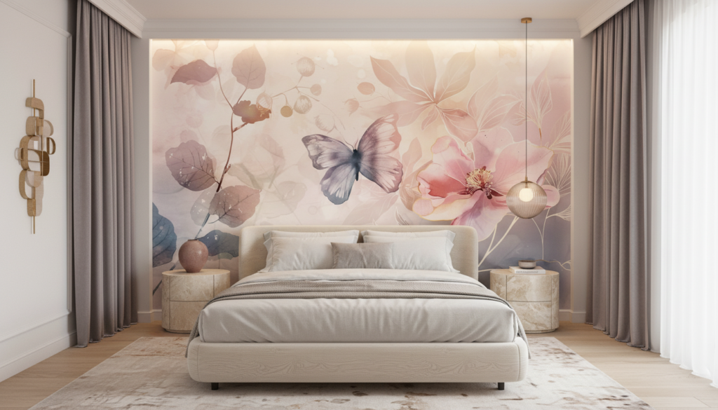 Papier peint aquarelle jardin romantique papillon et fleurs roses - Chambre adulte