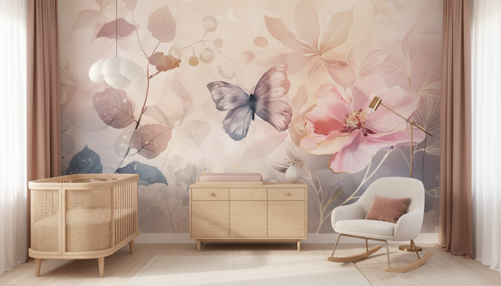 Papier peint aquarelle jardin romantique papillon et fleurs roses - Chambre bébé