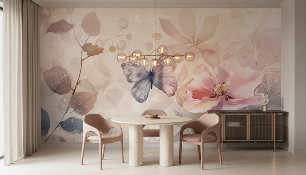 Papier peint aquarelle jardin romantique papillon et fleurs roses - Salle à manger