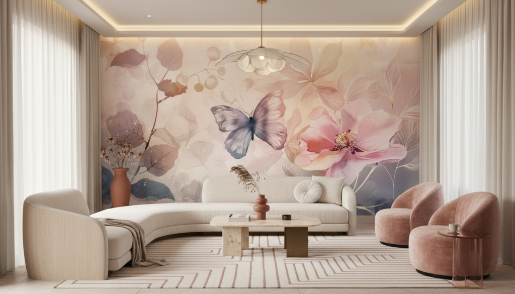 Papier peint aquarelle jardin romantique papillon et fleurs roses - Salon / Séjour