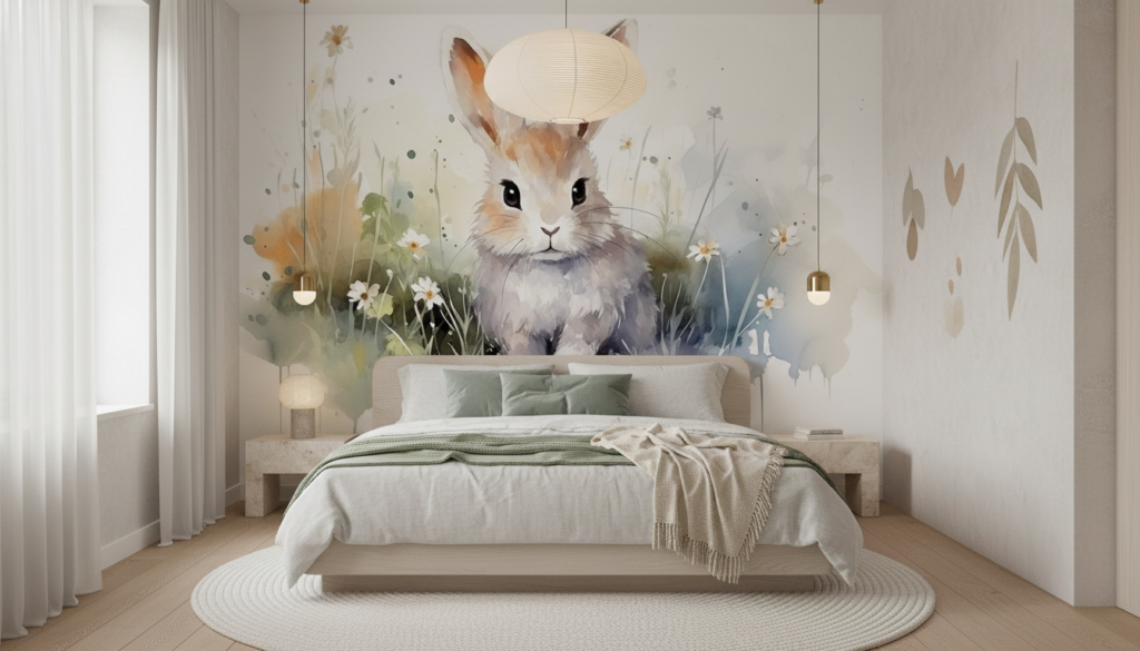 Papier peint aquarelle lapin mignon dans prairie fleurie - Chambre adulte