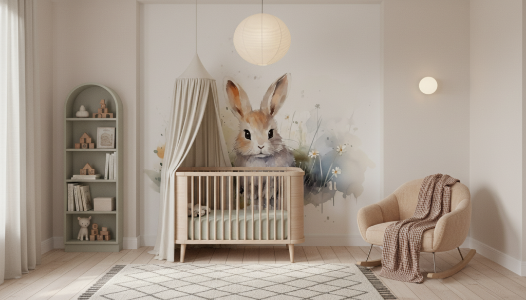 Papier peint aquarelle lapin mignon dans prairie fleurie - Chambre bébé