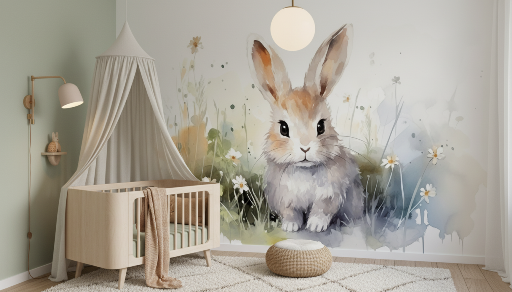 Papier peint aquarelle lapin mignon dans prairie fleurie - Chambre enfant