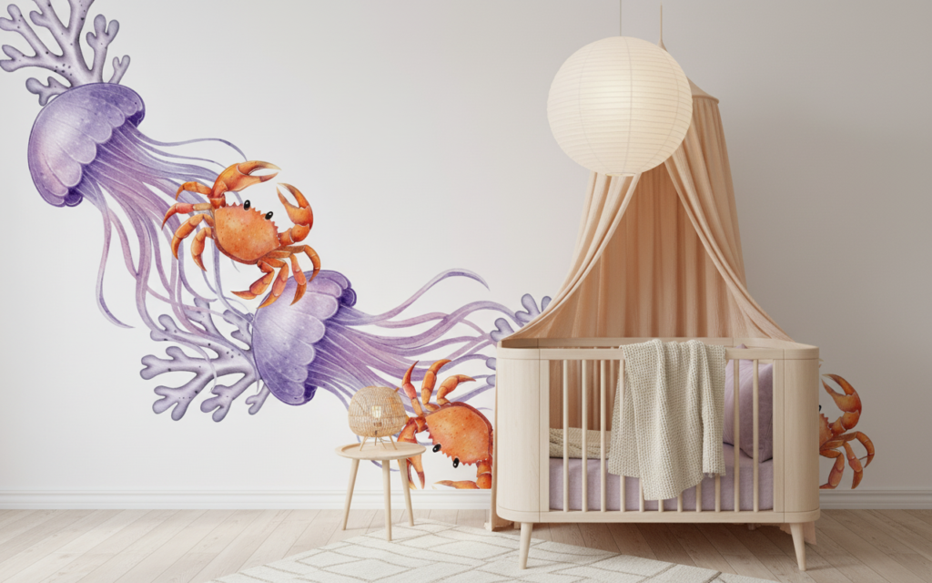 Papier peint aquarelle méduses violettes et crabes oranges océan - Chambre bébé