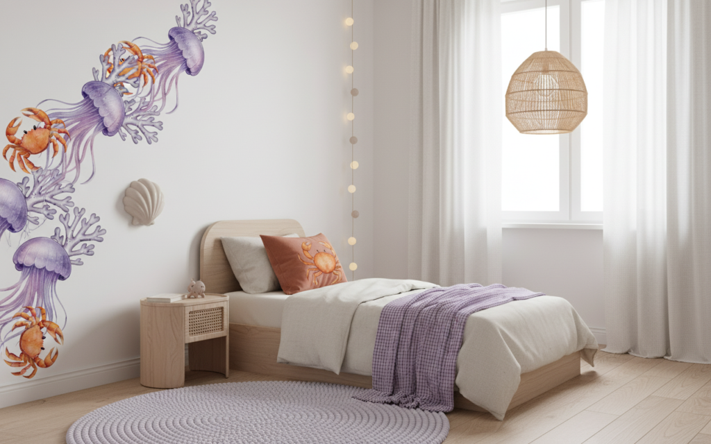 Papier peint aquarelle méduses violettes et crabes oranges océan - Chambre enfant