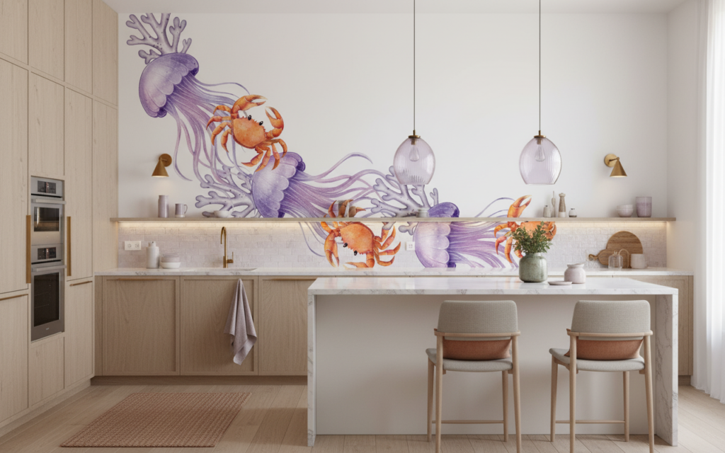 Papier peint aquarelle méduses violettes et crabes oranges océan - Cuisine