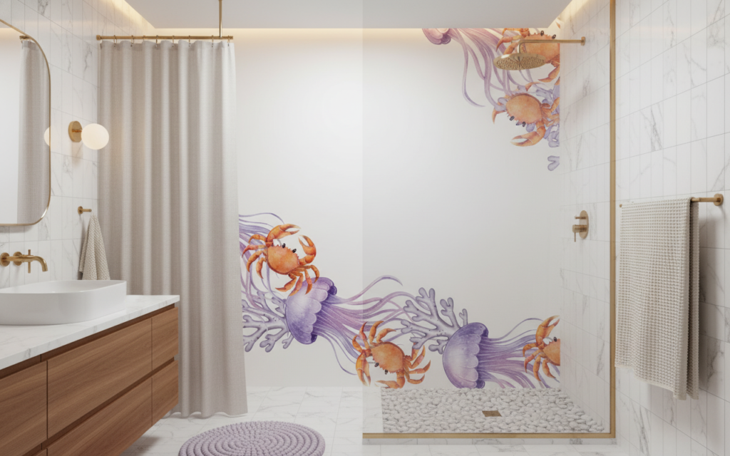 Papier peint aquarelle méduses violettes et crabes oranges océan - Salle de bain