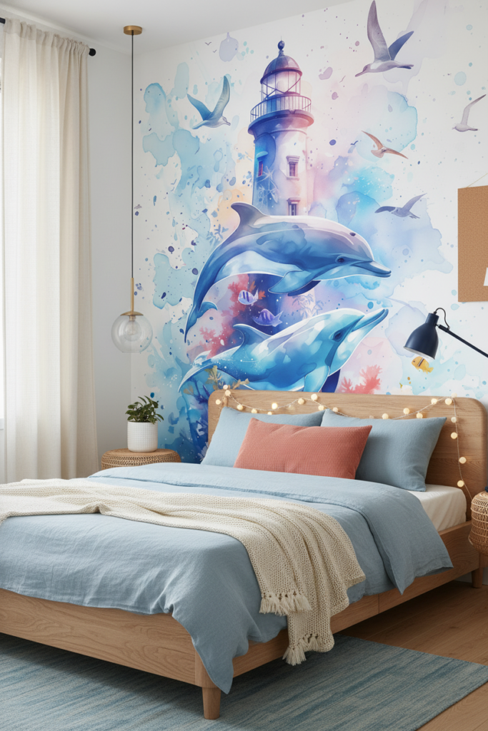 Papier Peint Aquarelle Océan Phare Dauphins Ambiance Marine - Chambre ado
