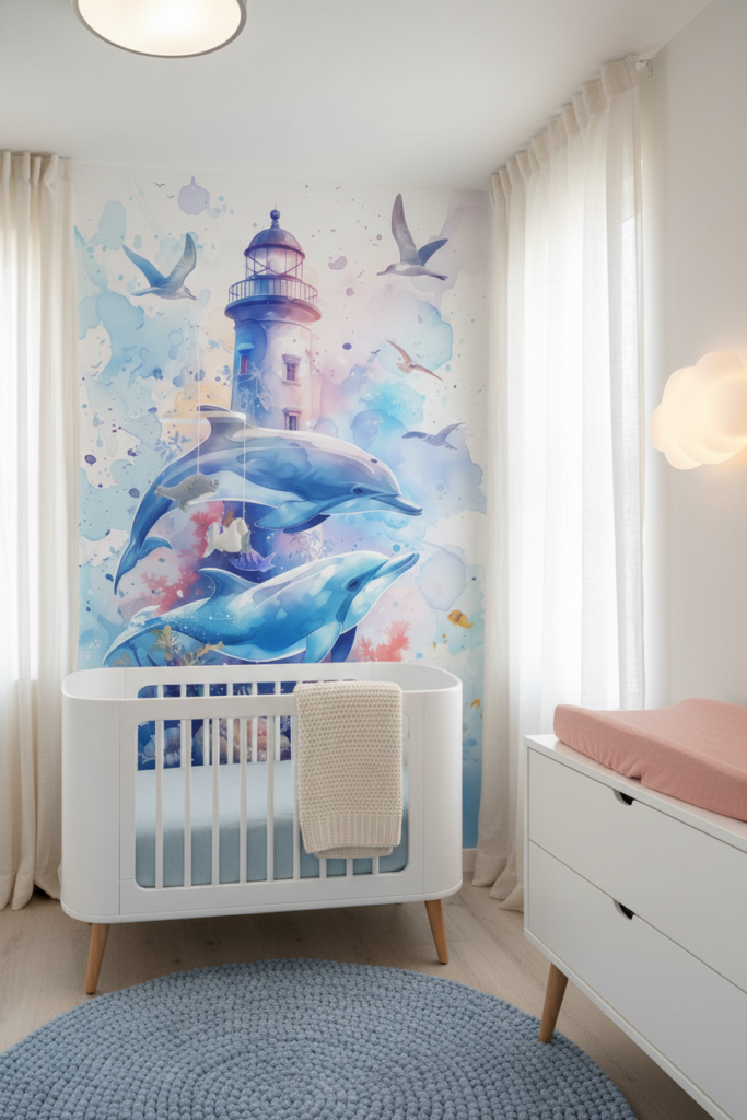 Papier Peint Aquarelle Océan Phare Dauphins Ambiance Marine - Chambre bébé