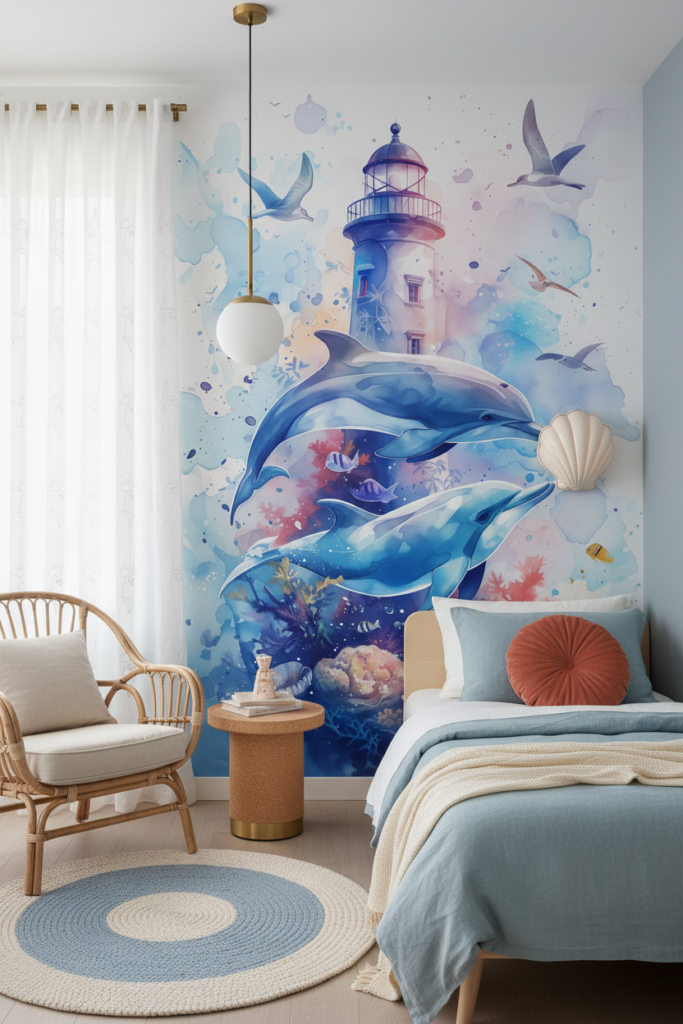 Papier Peint Aquarelle Océan Phare Dauphins Ambiance Marine - Chambre enfant