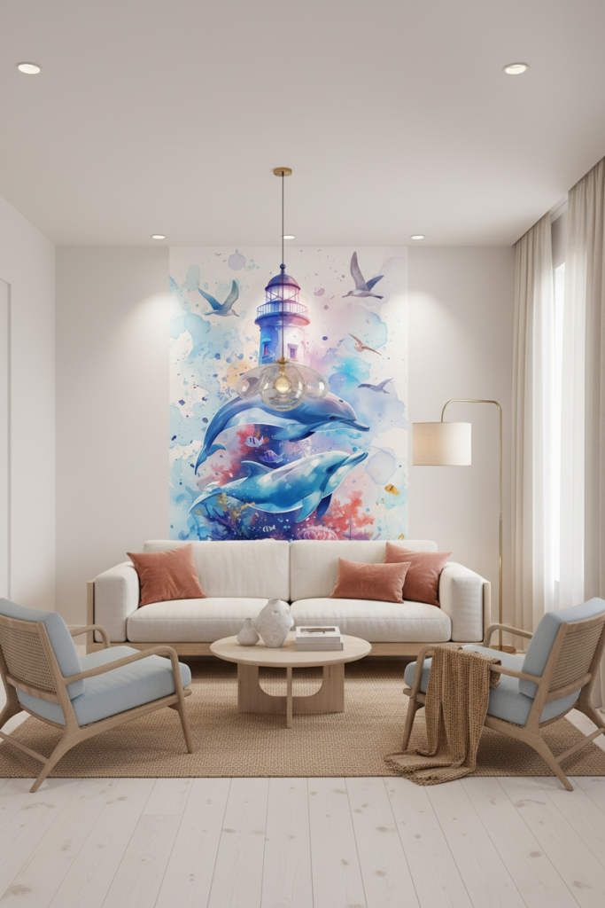 Papier Peint Aquarelle Océan Phare Dauphins Ambiance Marine - Salon / Séjour