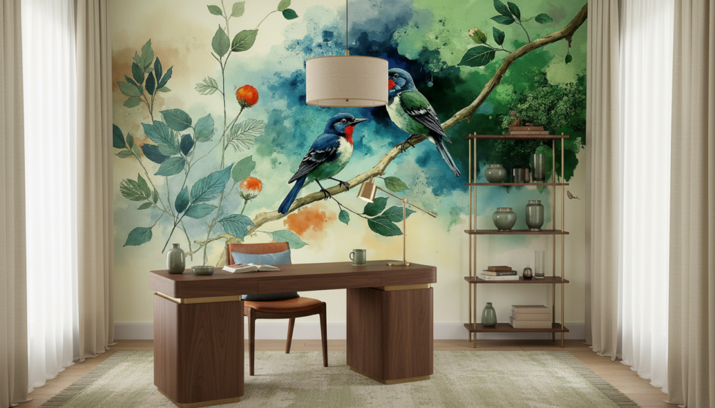 Papier peint aquarelle oiseaux exotiques sur branches fleuries - Bureau