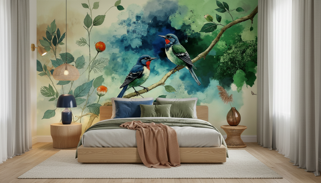 Papier peint aquarelle oiseaux exotiques sur branches fleuries - Chambre adulte
