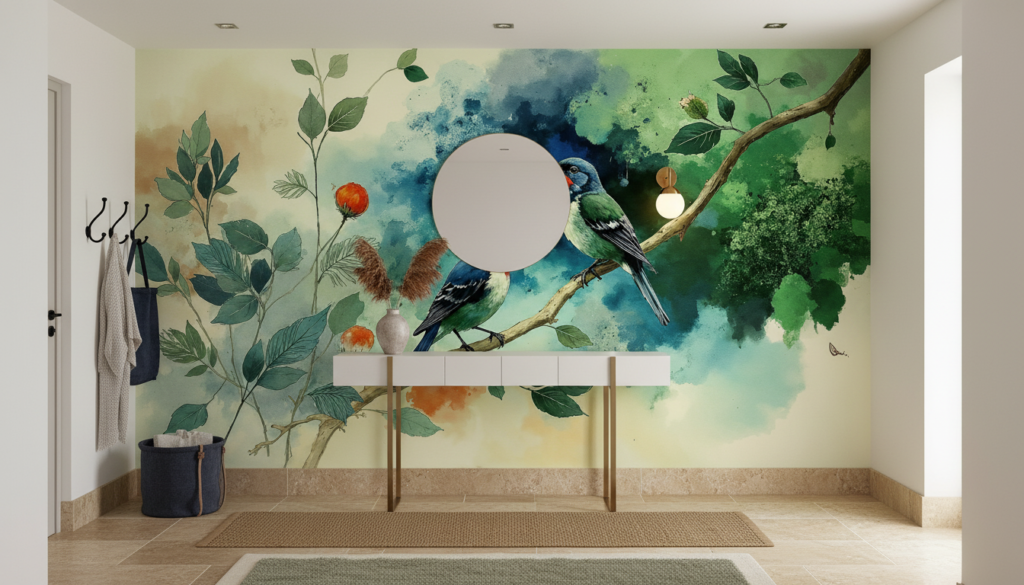 Papier peint aquarelle oiseaux exotiques sur branches fleuries - Entrée