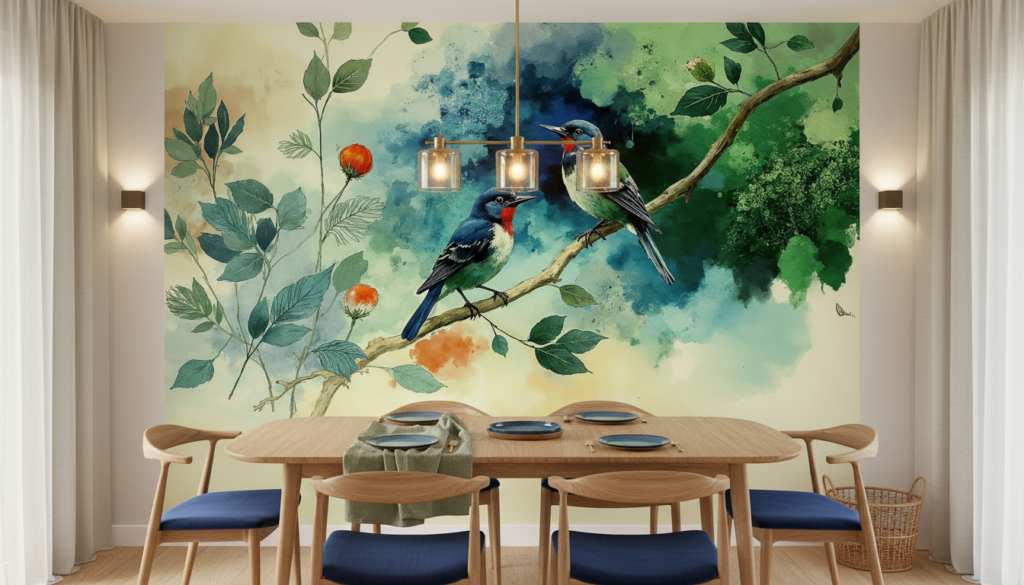 Papier peint aquarelle oiseaux exotiques sur branches fleuries - Salle à manger