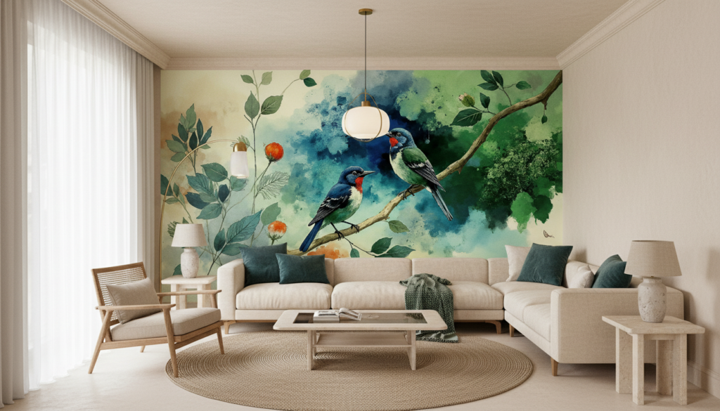 Papier peint aquarelle oiseaux exotiques sur branches fleuries - Salon / Séjour