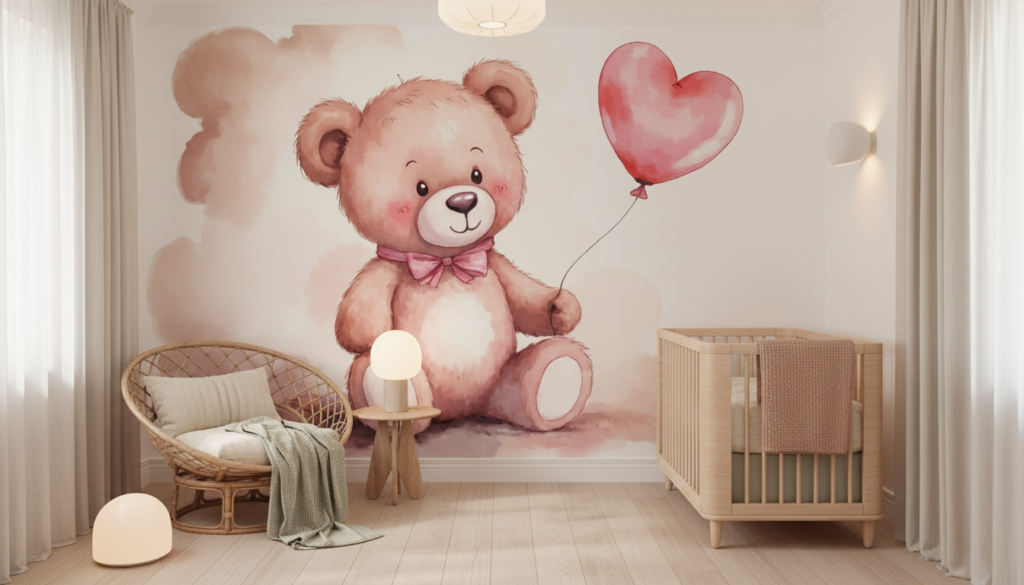 Papier peint aquarelle ourson mignon avec ballon cœur rose - Chambre bébé