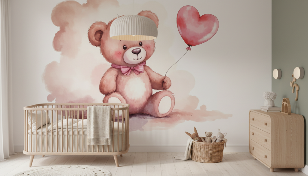 Papier peint aquarelle ourson mignon avec ballon cœur rose - Chambre enfant
