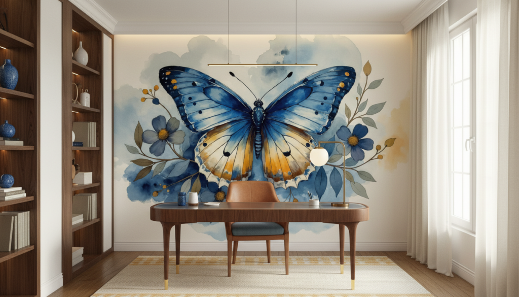 Papier peint aquarelle papillon bleu et fleurs délicates nature - Bureau