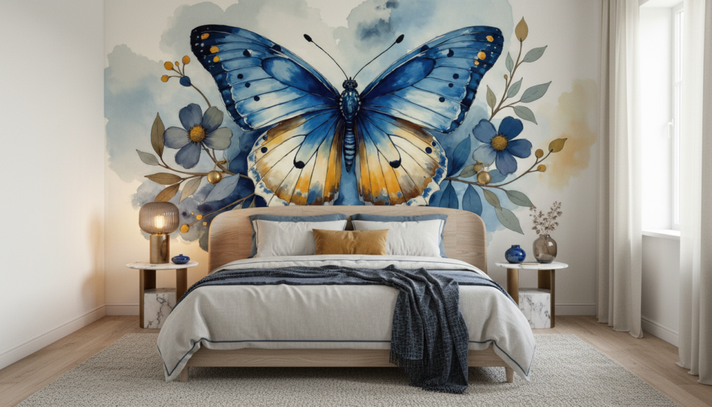 Papier peint aquarelle papillon bleu et fleurs délicates nature - Chambre adulte