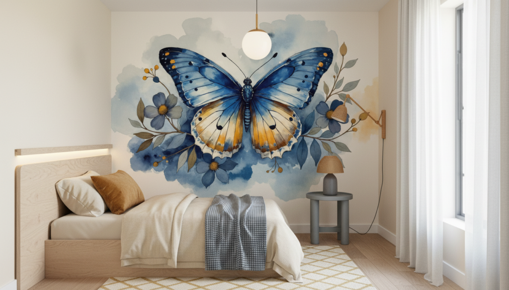 Papier peint aquarelle papillon bleu et fleurs délicates nature - Chambre enfant