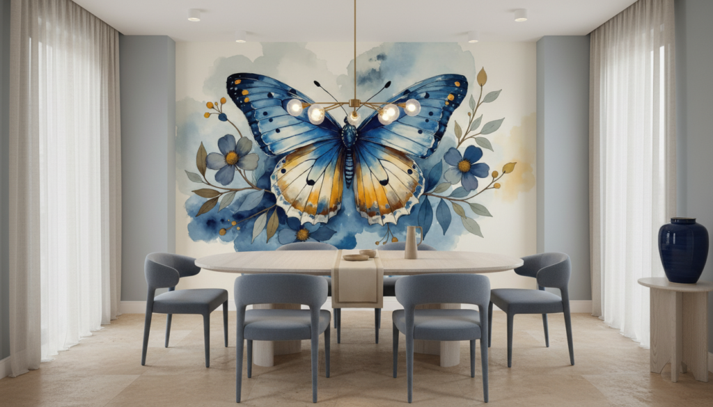 Papier peint aquarelle papillon bleu et fleurs délicates nature - Salle à manger
