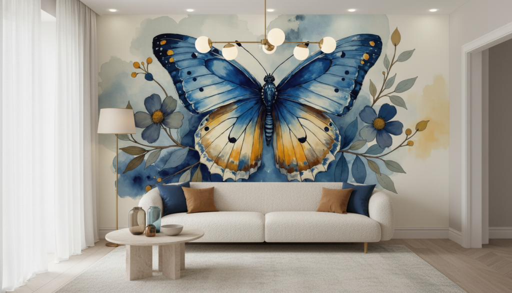 Papier peint aquarelle papillon bleu et fleurs délicates nature - Salon / Séjour